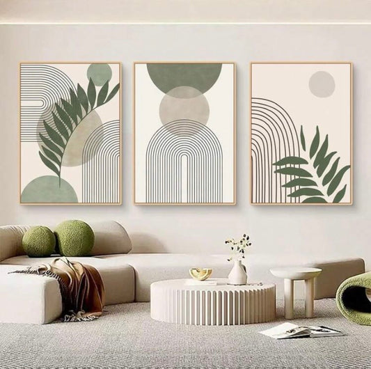 Lot de 3 tableaux style bohème moderne avec motifs de plantes minimalistes, décoration murale élégante pour salon, chambre, cuisine, salle de bain ou bureau, avec ou sans cadre