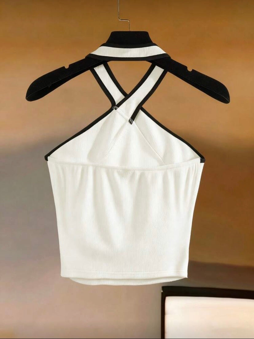 Haut sans manches à col halter avec finitions contrastées, style élégant et polyvalent 👚