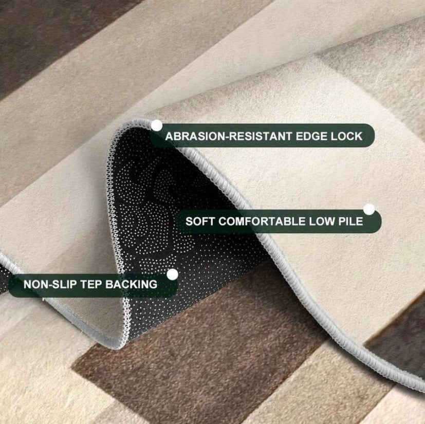 Tapis en velours style campagne américaine avec motifs abstraits, antidérapant et lavable en machine, idéal pour chambre, bureau ou entrée.