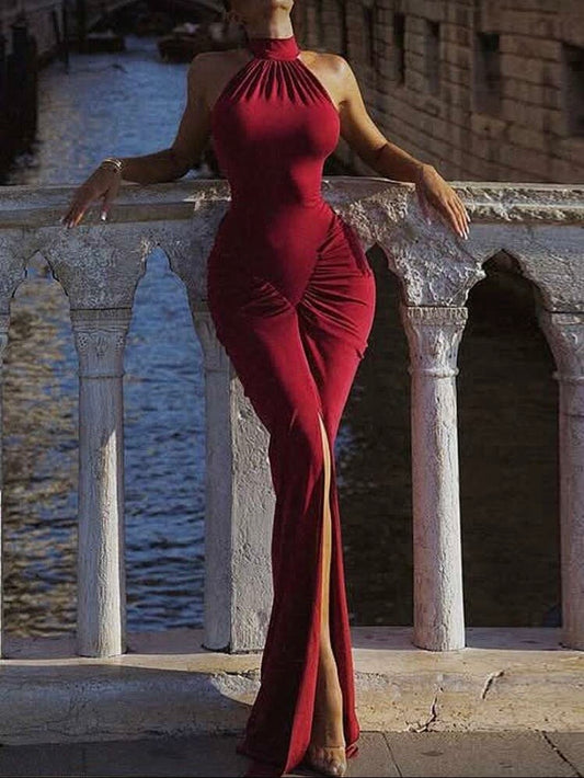 Robe Velours Dos Nu Coupe Moulante, Col Halter, Fente Haute, Style Élégant Soirée