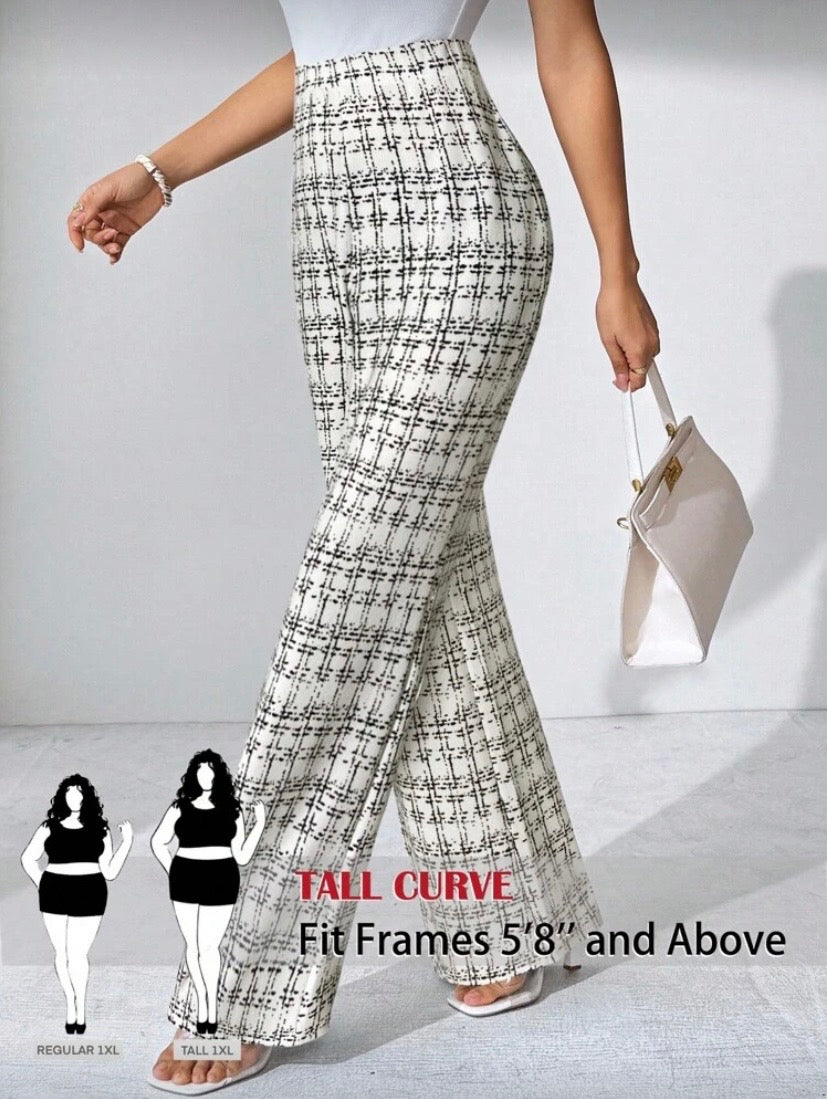 Pantalon Palazzo Grande Taille, Imprimé Carreaux, Maille Élastique, Coupe Large Élégante, Automne