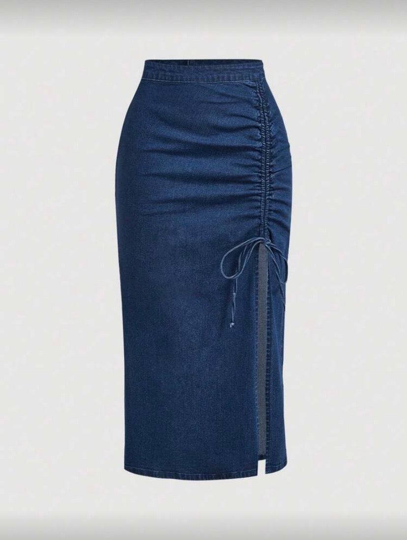 Jupe en denim à couleur unie avec cordon de serrage pour femme