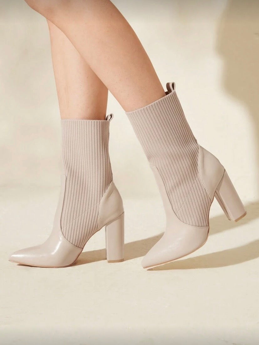 CUCCOO BASICS Apricot Color Fabric Chelsea Pointed Toe Chunky High Heel Mid-Calf Boots, Fashion Women Shoes For And Spring Shoes Spring Break Easter For Christmas