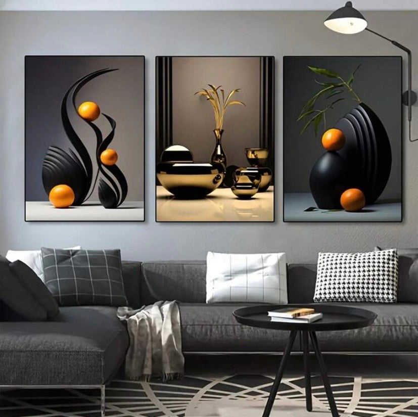 Lot de 3 affiches abstraites sur toile avec effet sculpture 3D, décoration murale moderne sans cadre pour salon, chambre ou bureau.