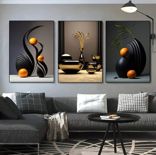 Lot de 3 affiches abstraites sur toile avec effet sculpture 3D, décoration murale moderne sans cadre pour salon, chambre ou bureau.