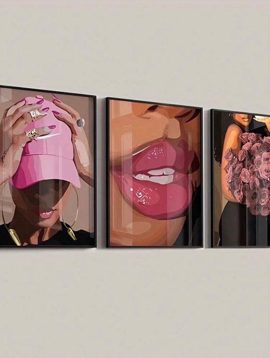 Lot de 3 toiles glamour style Art déco avec illustrations féminines, impressions sans cadre pour une décoration moderne du salon ou de la chambre.