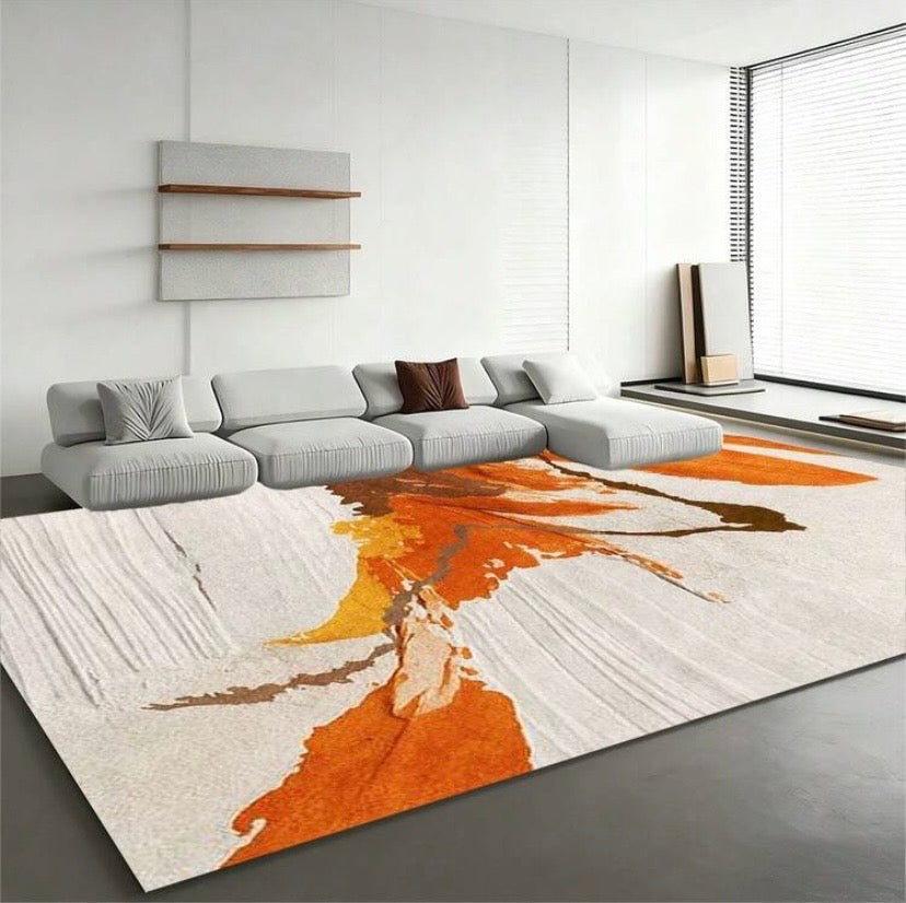 Tapis abstrait aux couleurs éclatantes avec motifs effet éclaboussures d’encre, idéal pour une décoration moderne de salon, chambre ou bureau.
