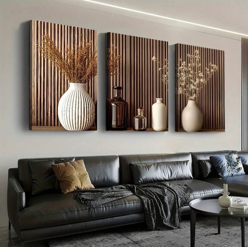 Lot de 3 toiles décoratives style bois moderne avec plantes en pot, impressions haute définition sans cadre pour salon, chambre ou bureau.