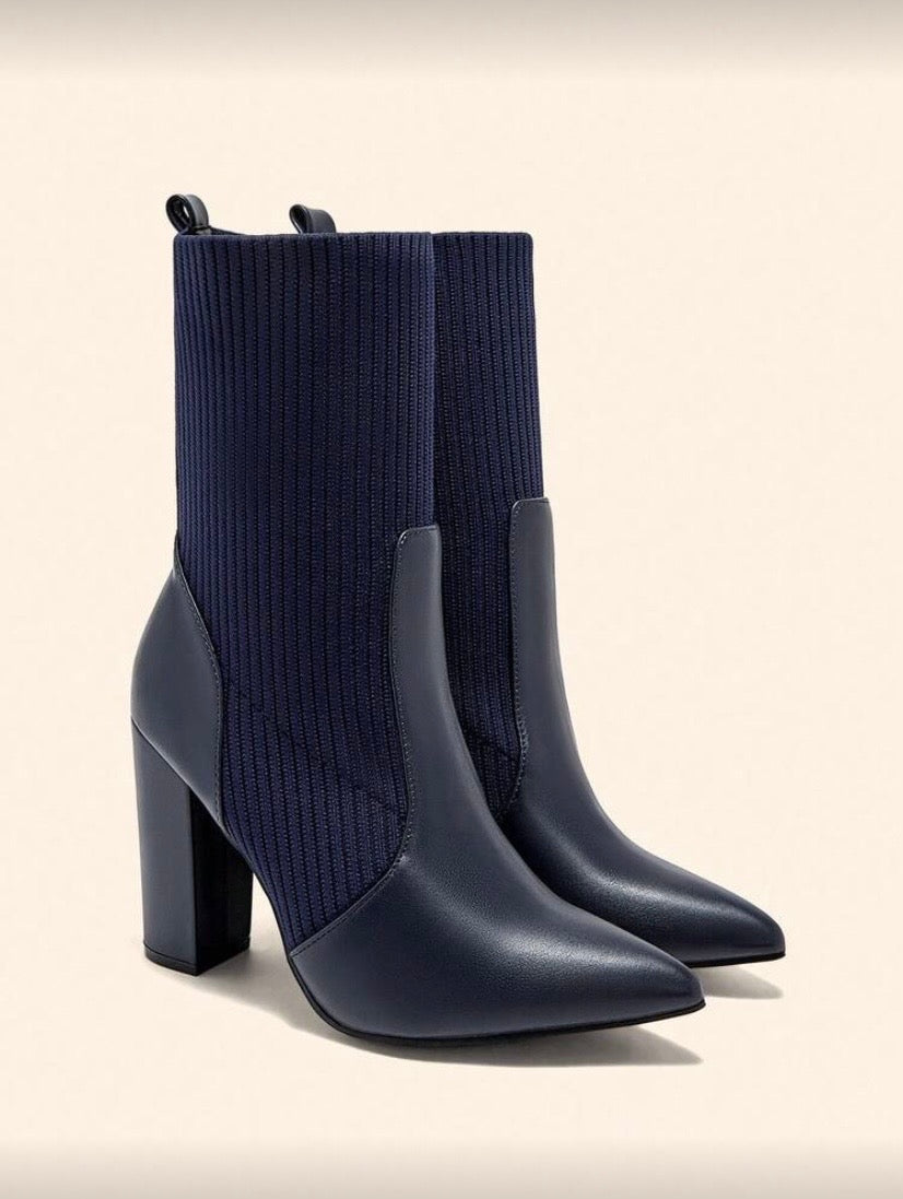 CUCCOO BASICS Apricot Color Fabric Chelsea Pointed Toe Chunky High Heel Mid-Calf Boots, Fashion Women Shoes For And Spring Shoes Spring Break Easter For Christmas