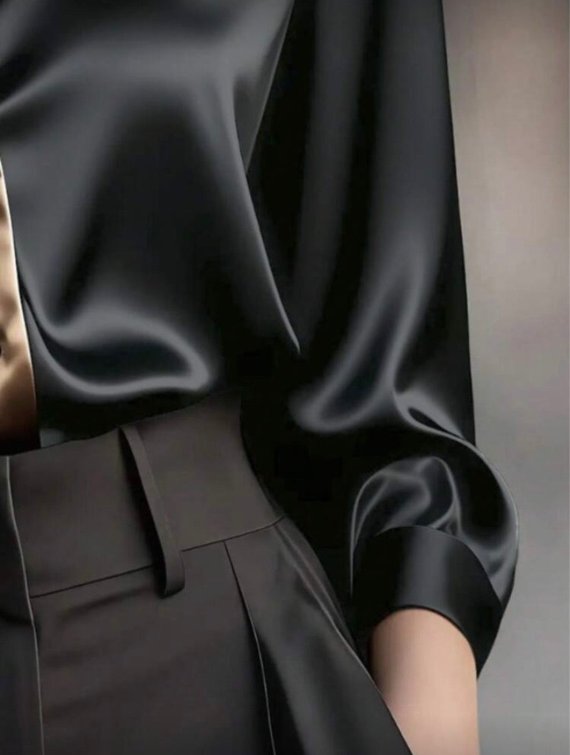 Chemise satinée à boutons et color block, manches longues, style élégant pour le quotidien 👚