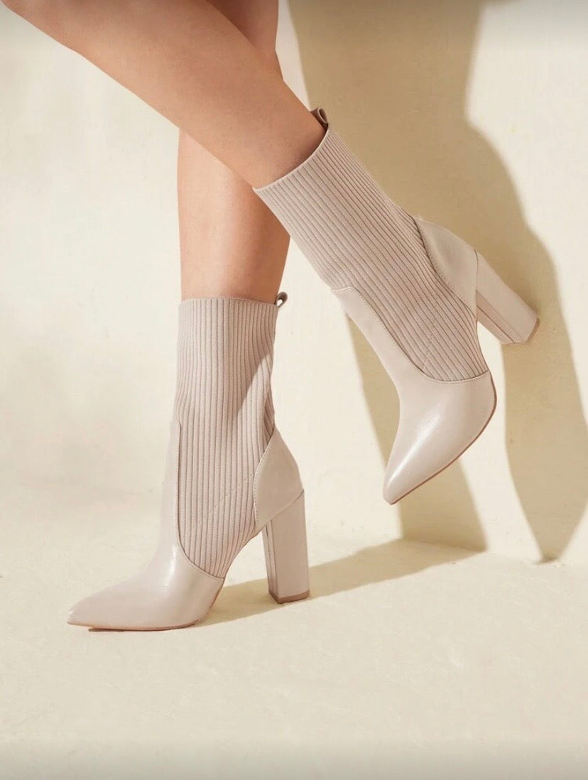 CUCCOO BASICS Apricot Color Fabric Chelsea Pointed Toe Chunky High Heel Mid-Calf Boots, Fashion Women Shoes For And Spring Shoes Spring Break Easter For Christmas