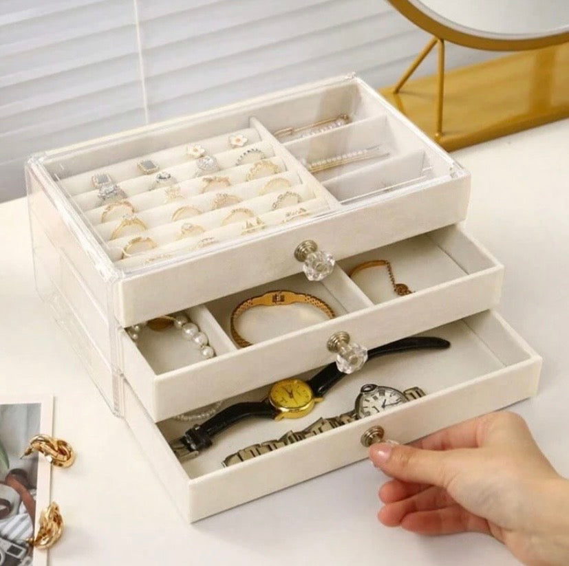 Boîte de rangement à bijoux en acrylique transparent à plusieurs niveaux avec tiroirs empilables, idéale pour organiser colliers, bracelets et boucles d’oreilles.