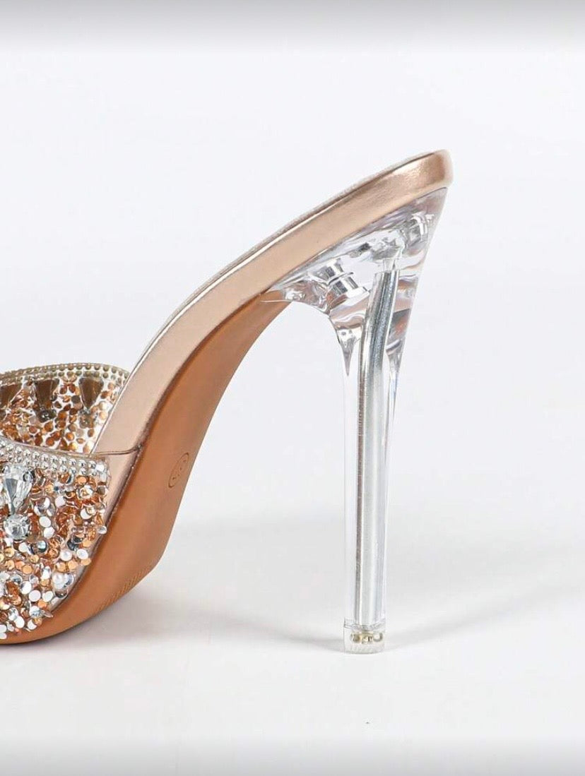 Sandales à talons hauts bout rond avec talon transparent et strass scintillants, style élégant pour soirées 👠✨