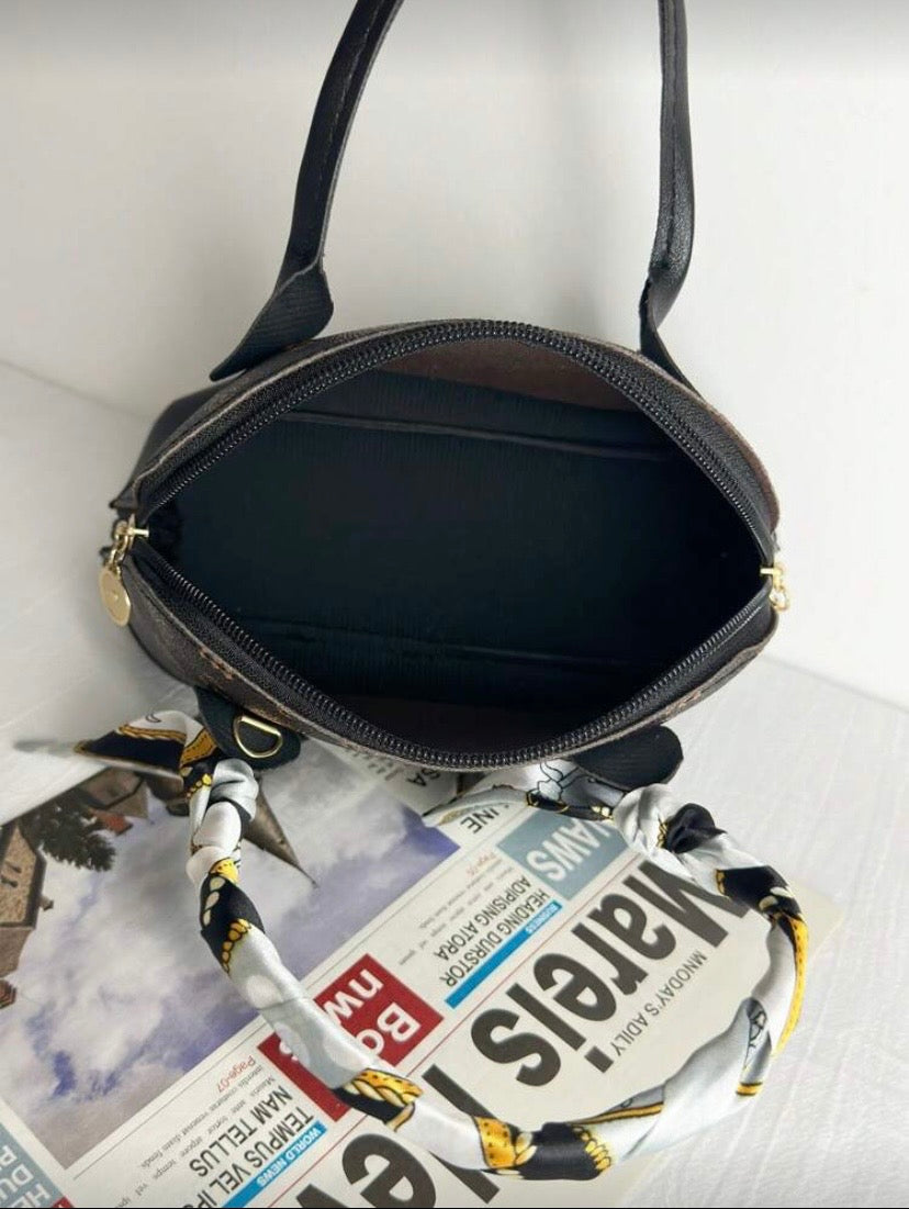 Mini sac à motif géométrique métallique avec foulard et chaîne, porté main ou croisé, fermeture éclair 👜
