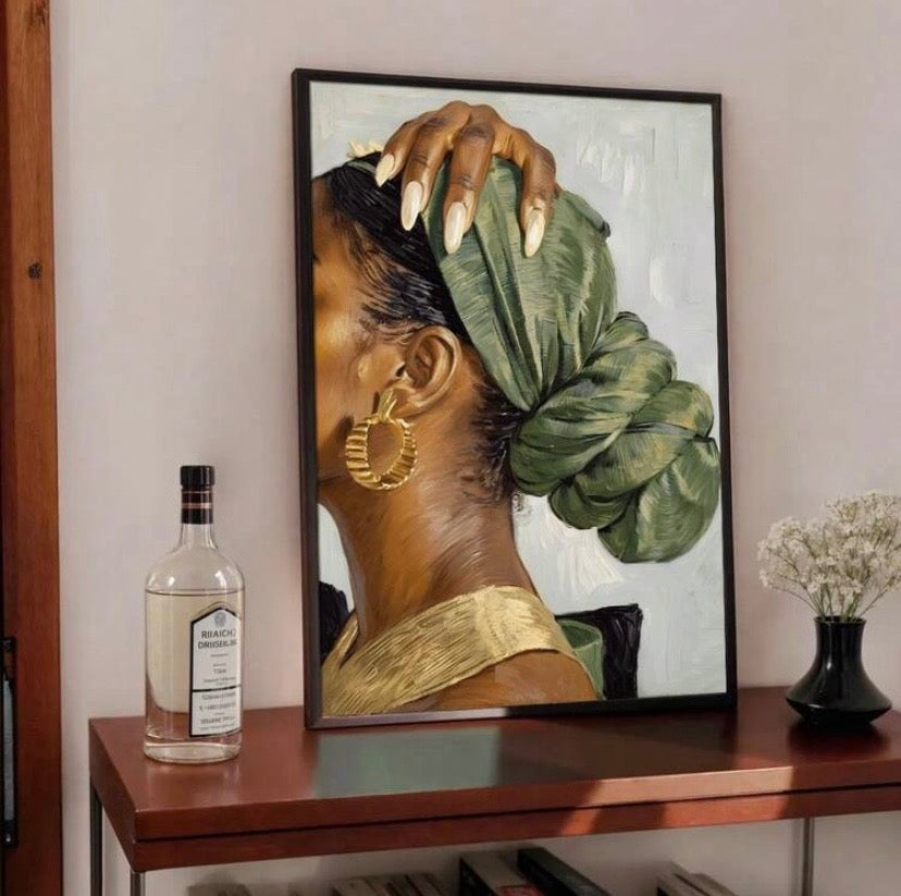 Poster mural bohème abstrait représentant une femme africaine, style minimaliste moderne avec option cadre, idéal pour salon ou chambre.