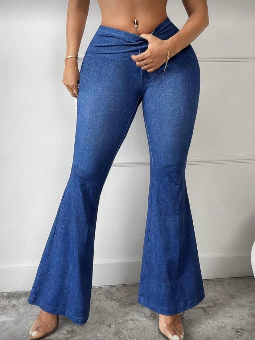 Pantalon Flare Taille Haute Effet Denim, Coupe Slim, Effet Galbant avec Taille Froncée au Dos
