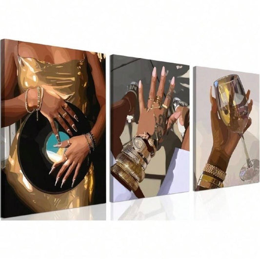 Lot de 3 affiches murales encadrées représentant une femme afro-américaine, style moderne avec accents dorés, décoration pour salon ou chambre.