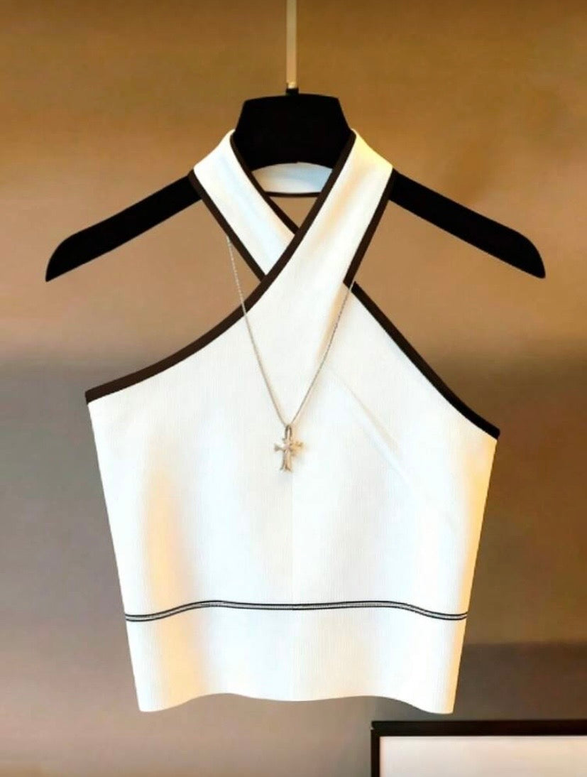 Haut sans manches à col halter avec finitions contrastées, style élégant et polyvalent 👚