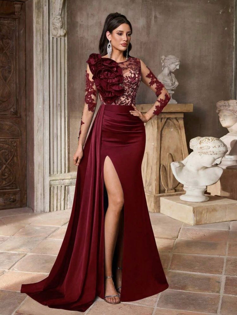 Robe de soirée luxueuse en satin à col V avec sequins raffinés, manches drapées en chiffon et coupe sirène plissée, idéale pour galas, mariages et occasions formelles