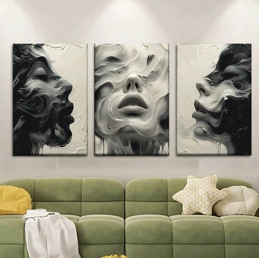 Lot de 3 toiles abstraites visage de femme, posters sans cadre, décoration murale moderne pour salon, bureau ou café.