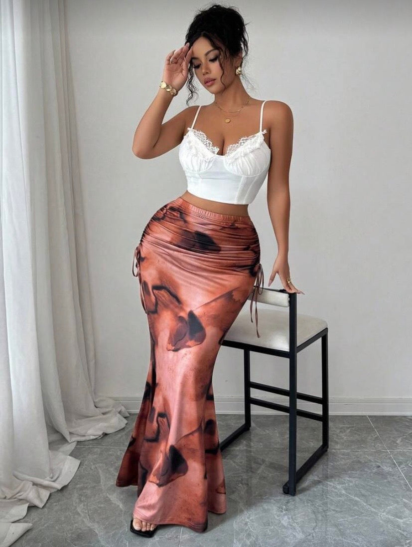 Jupe Longue Taille Haute Plissée, Imprimé Tie-Dye Vintage, Coupe Ajustée, Ourlet Sirène Élégant