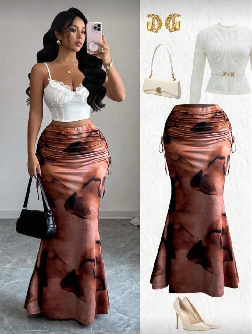 Jupe Longue Taille Haute Plissée, Imprimé Tie-Dye Vintage, Coupe Ajustée, Ourlet Sirène Élégant