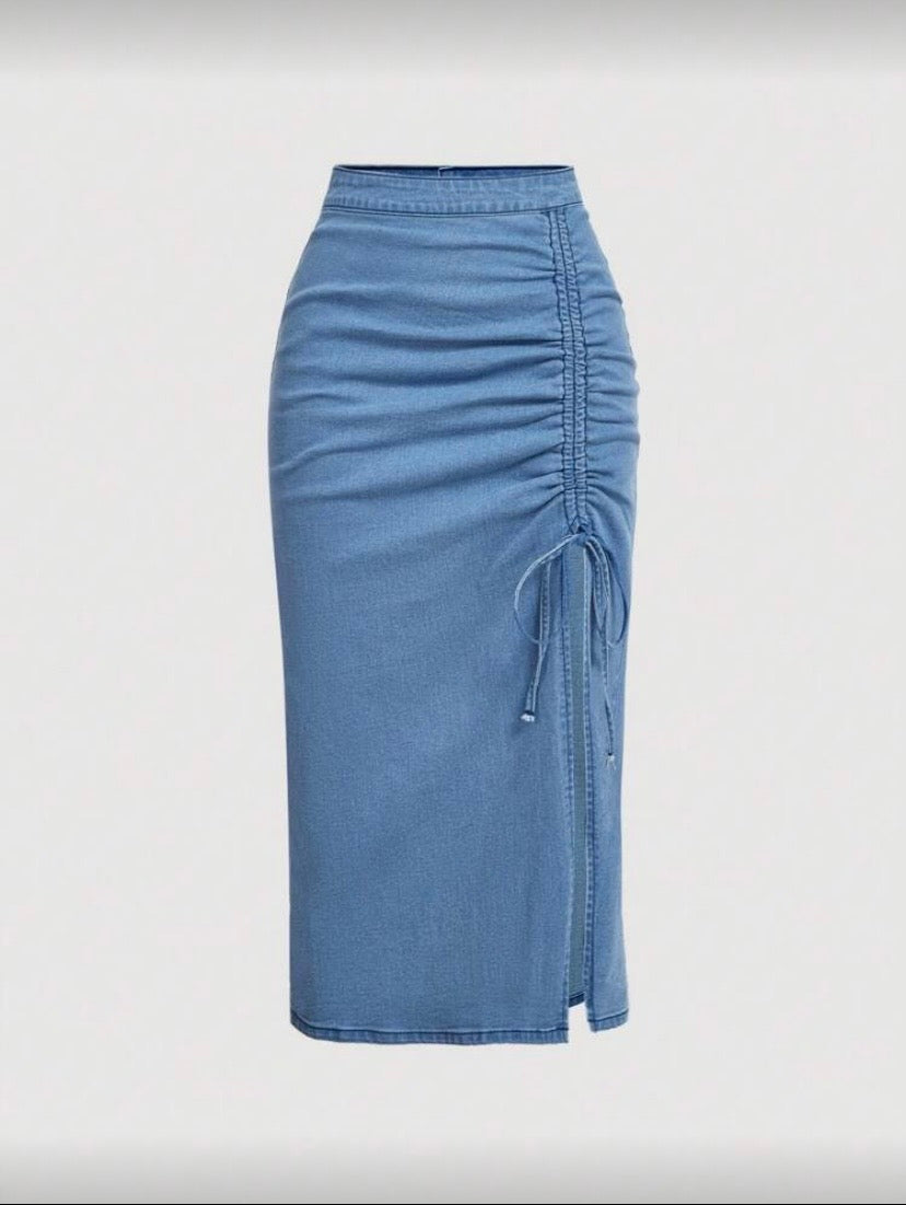Jupe en denim à couleur unie avec cordon de serrage pour femme