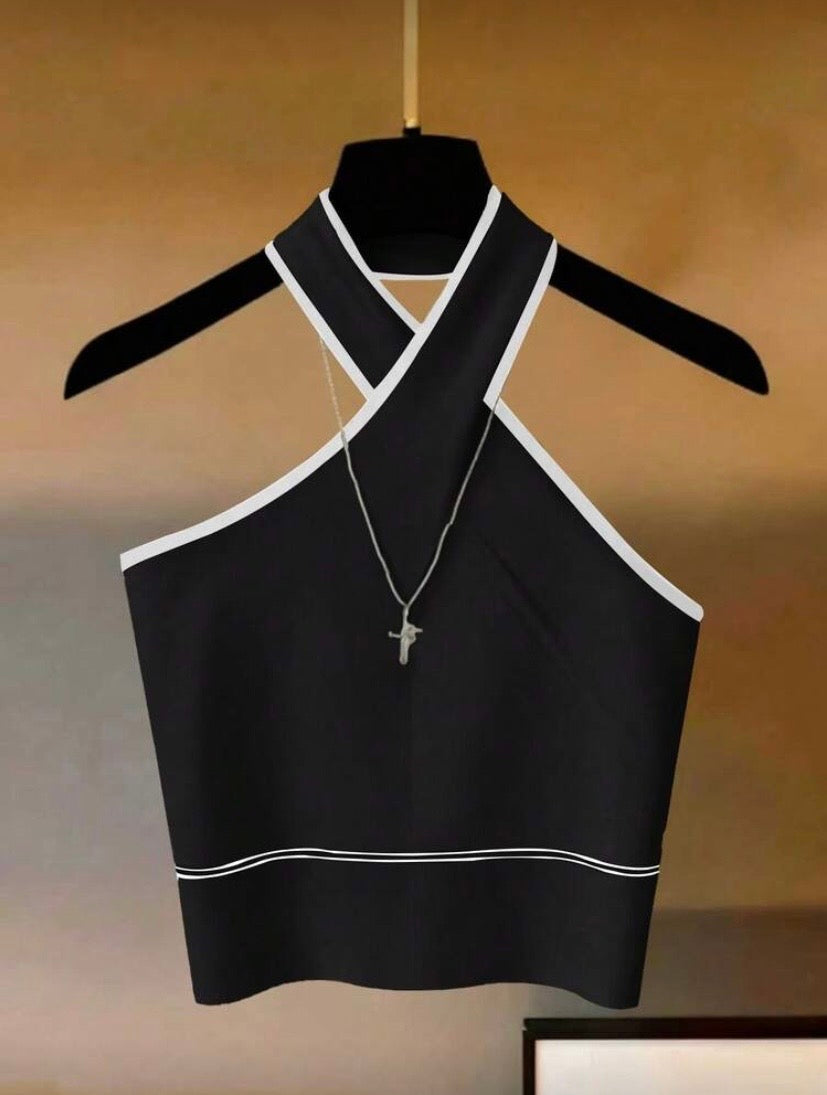 Haut sans manches à col halter avec finitions contrastées, style élégant et polyvalent 👚