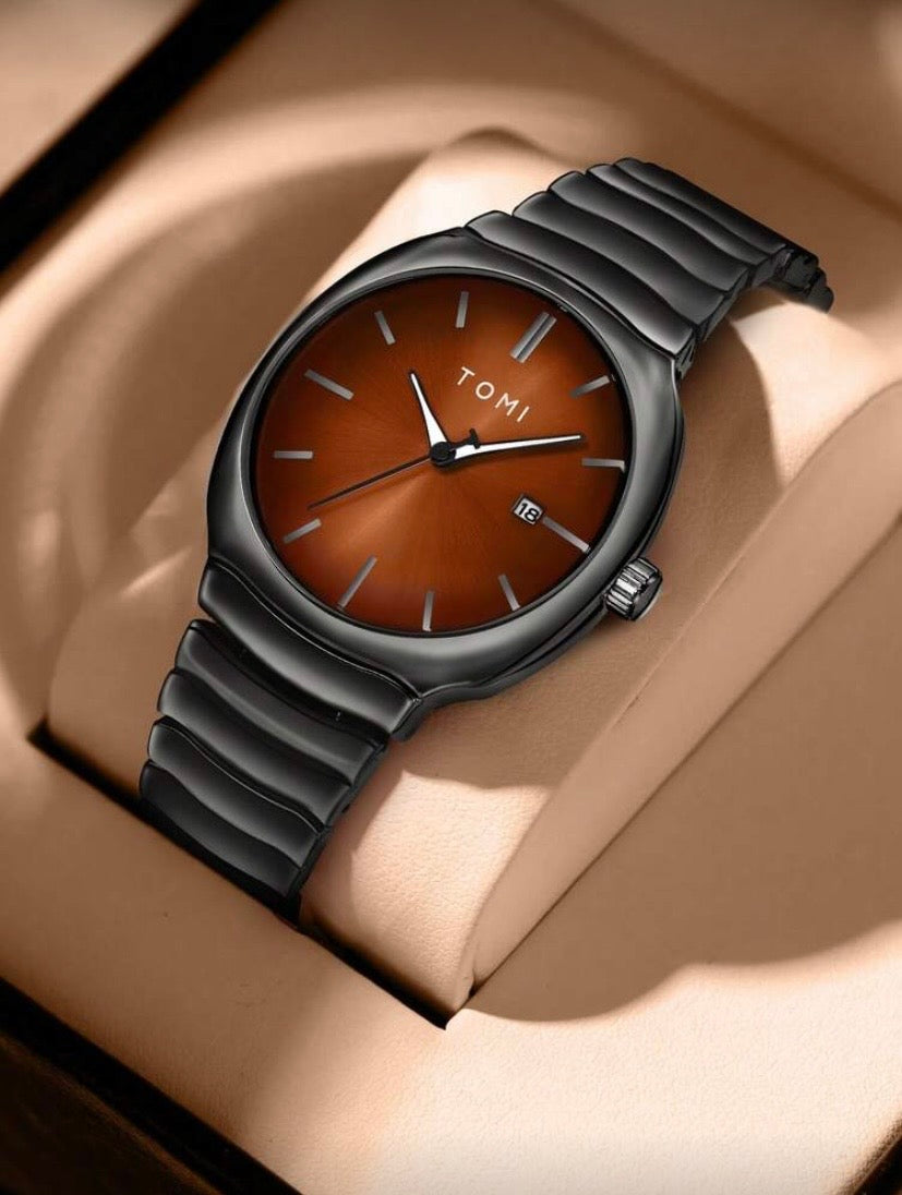 Montre Homme avec Broche Étoile et Bague, Bracelet Alliage de Zinc, Cadran Rond Quartz, Coffret Cadeau