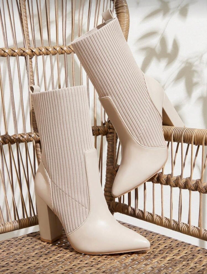 CUCCOO BASICS Apricot Color Fabric Chelsea Pointed Toe Chunky High Heel Mid-Calf Boots, Fashion Women Shoes For And Spring Shoes Spring Break Easter For Christmas