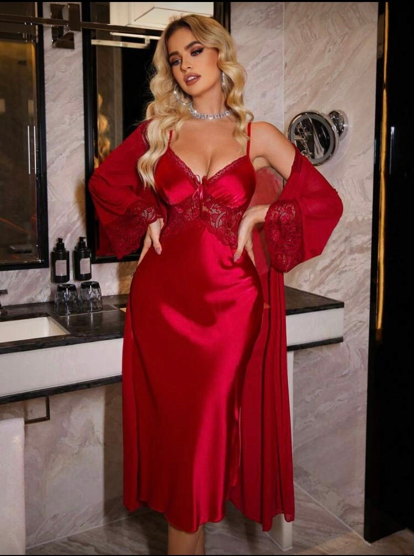 Ensemble Femme Robe Longue Satin & Dentelle – Élégant