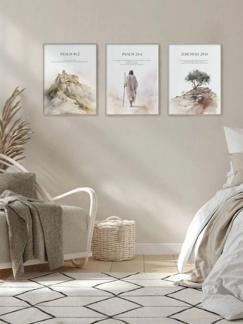 Lot de 3 toiles murales avec portrait de Jésus et paysage naturel, décoration bohème élégante sans cadre pour salon, bureau ou chambre, idée cadeau chrétienne raffinée