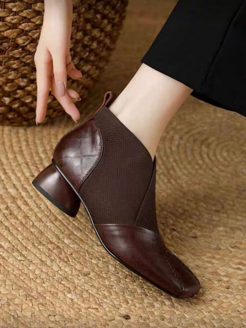 Chaussures Femme à Décolleté Profond – Bout Carré, Talon Moyen Épais, Bottines Élastiques Élégantes Printemps/Automne