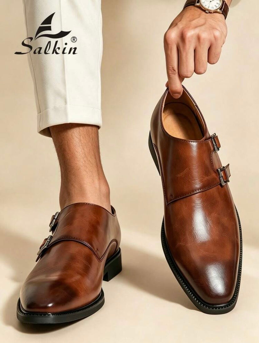 Mocassins élégants pour homme à bout pointu avec double boucle style monk strap, parfaits pour le bureau, les cérémonies et les occasions formelles.