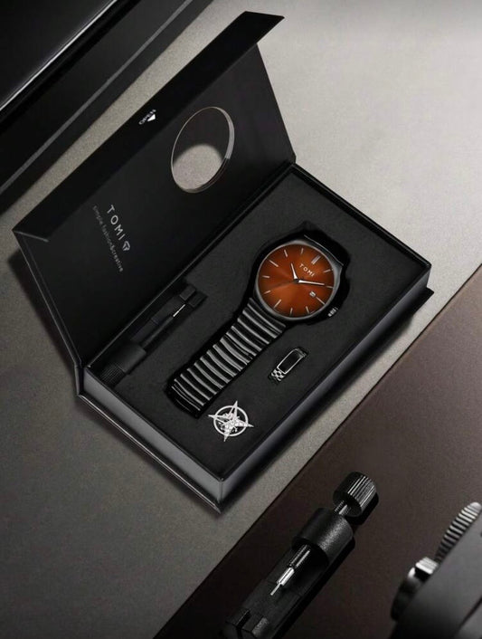 Montre Homme avec Broche Étoile et Bague, Bracelet Alliage de Zinc, Cadran Rond Quartz, Coffret Cadeau