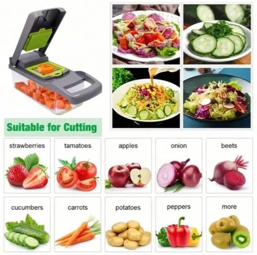 Coupe-légumes multifonction 16 en 1 avec 8 lames, hachoir à oignons et légumes avec récipient, idéal pour une préparation rapide en cuisine.