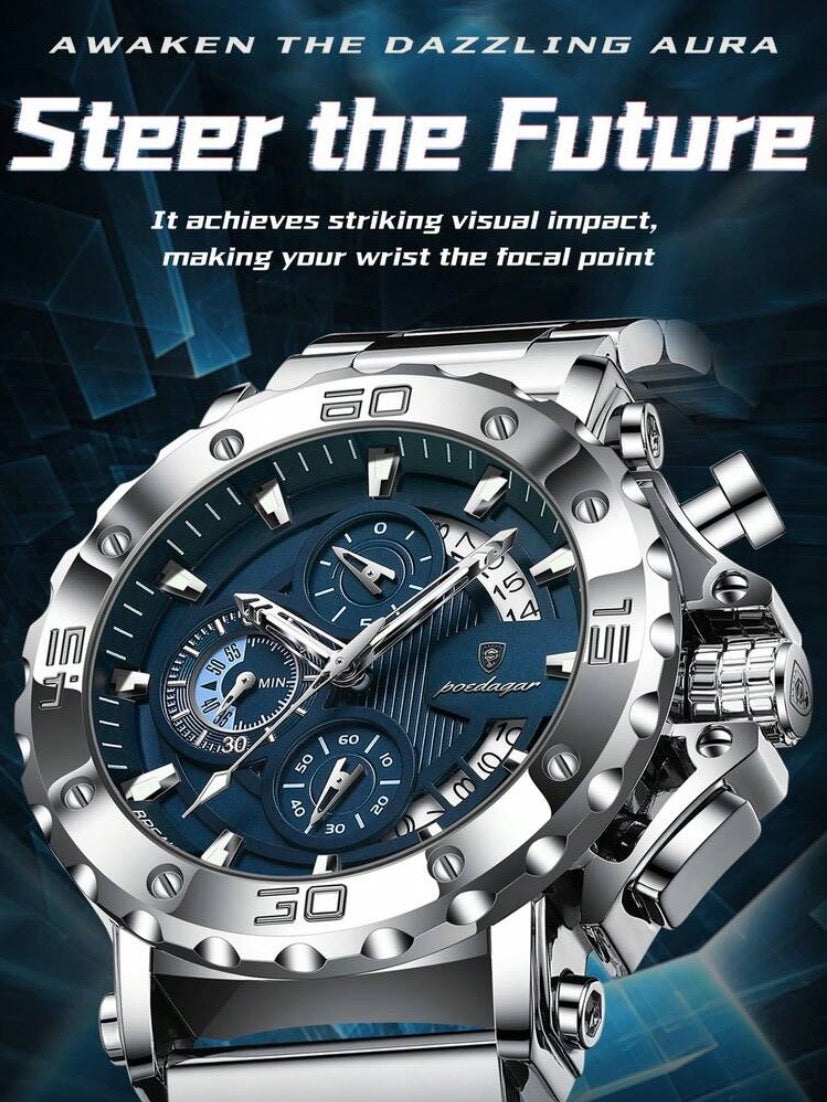 Montre Homme Quartz Chronographe en Acier Inoxydable, Affichage Date et Aiguilles Lumineuses, Style Sport Quotidien