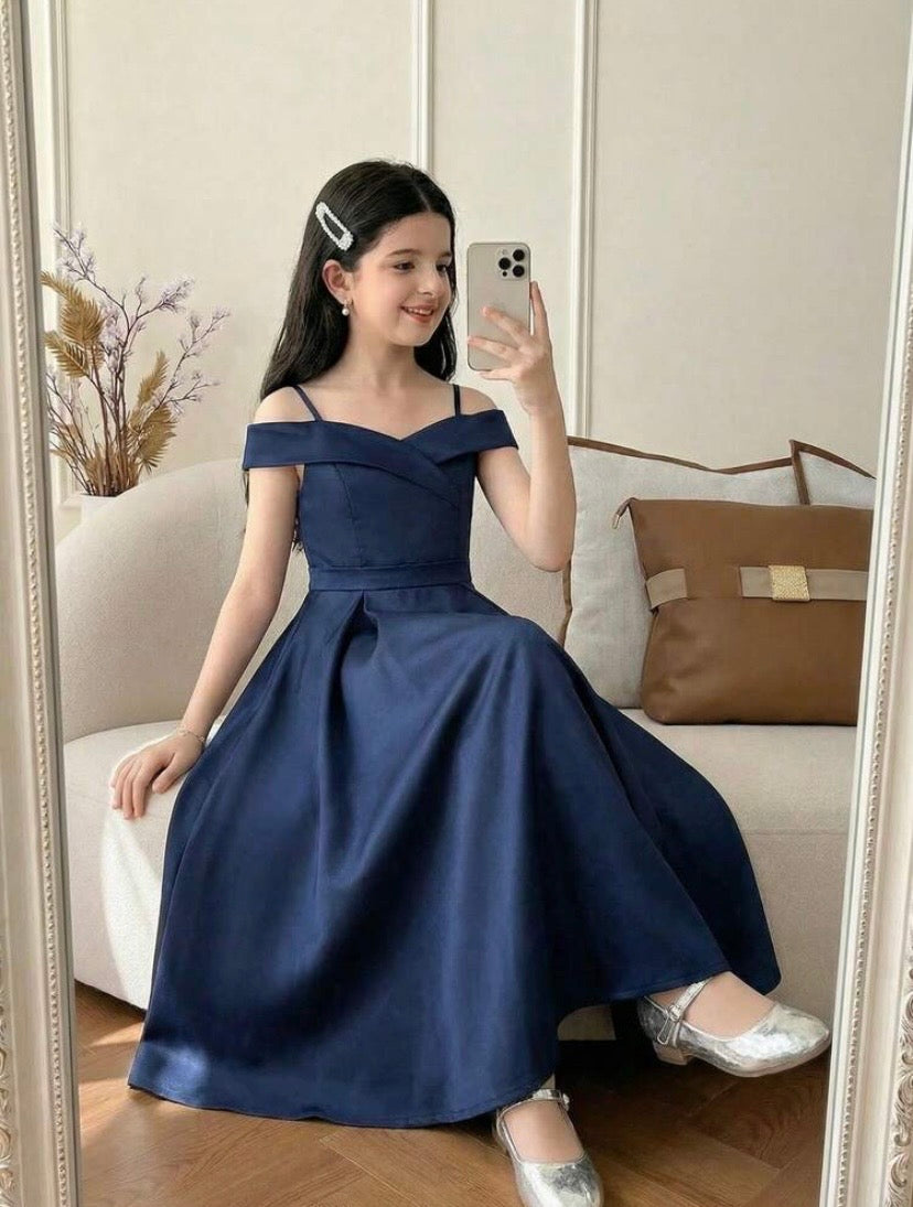 Robe Longue Velours Fille Épaule Dénudée – Style Princesse