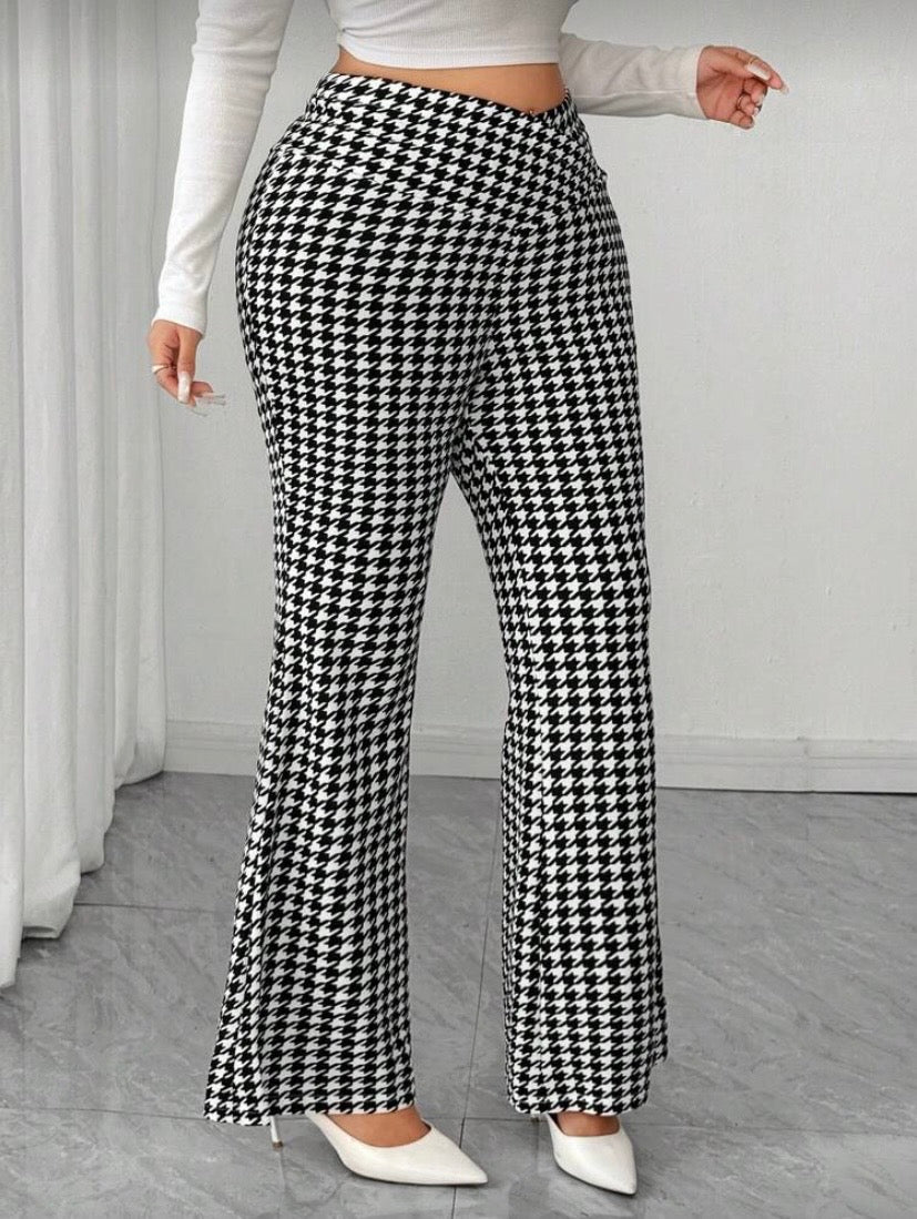 Pantalon Flare Femme Grande Taille, Tricot Pied-de-Poule, Taille Croisée, Automne/Hiver