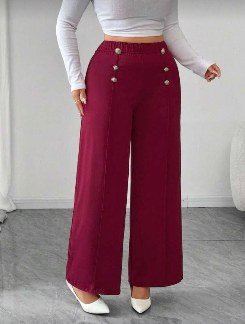 Legging Long Grande Taille en Maille, Rouge Bordeaux et Or, Boutons Décoratifs, Style Élégant