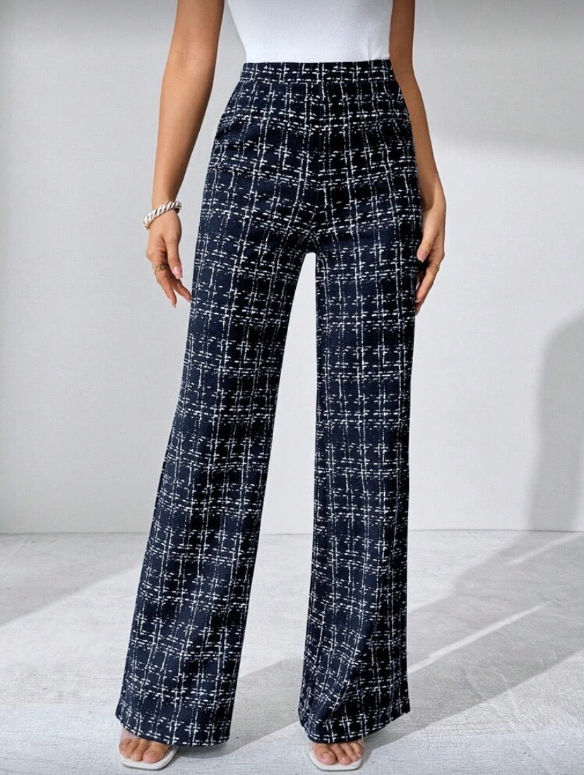 Pantalon Palazzo Grande Taille, Imprimé Carreaux, Maille Élastique, Coupe Large Élégante, Automne