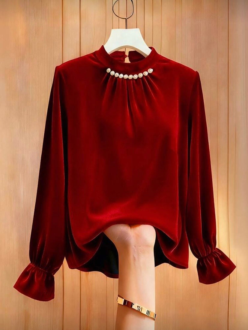 T-shirt ajusté à col rond avec fronces et boutons perles, style élégant 👚