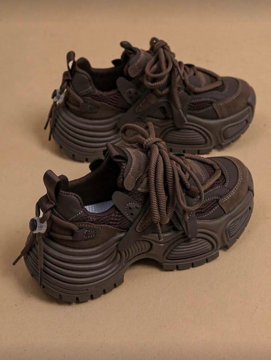 Baskets compensées à semelle épaisse en mesh respirant et patchwork cuir, style décontracté et élégant 👟