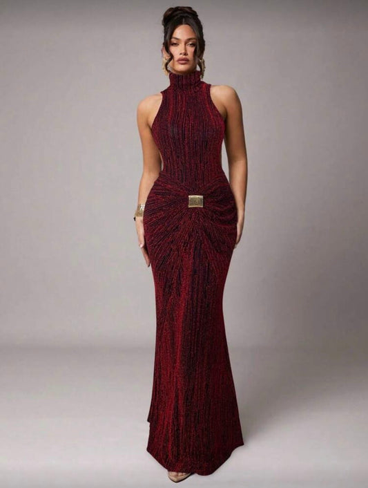 Robe Longue Élégante Col Montant Dos Nu, Manches Longues, Détail Boucle Métal, Maille Extensible, Rouge Bordeaux