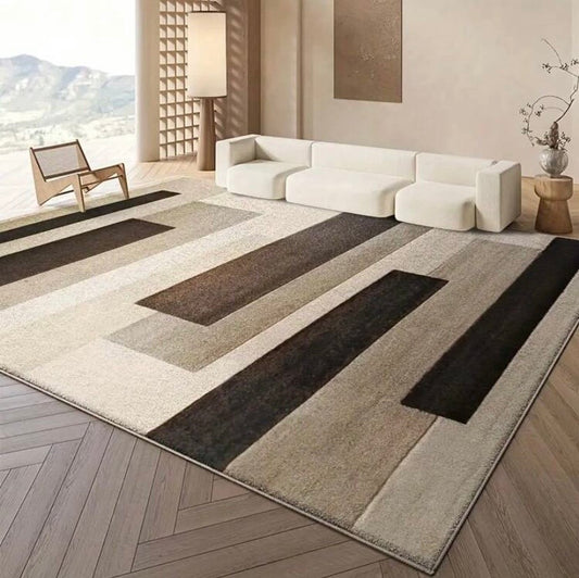 Tapis en velours style campagne américaine avec motifs abstraits, antidérapant et lavable en machine, idéal pour chambre, bureau ou entrée.