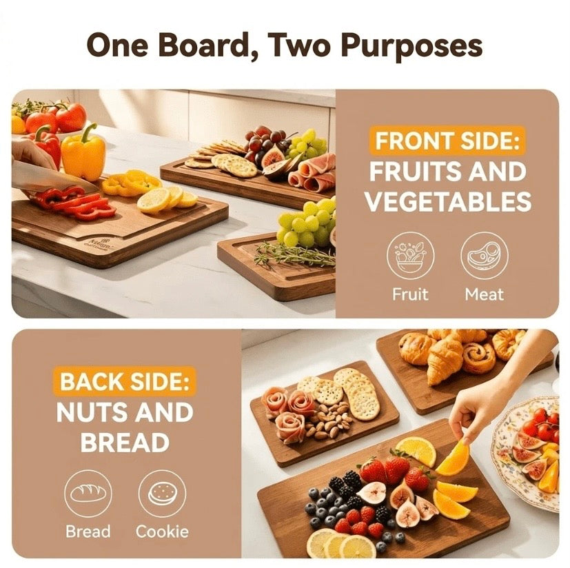 Lot de 3 planches à découper en bambou, robustes et durables, avec rainures récupératrices de jus, idéales pour la cuisine et le service.
