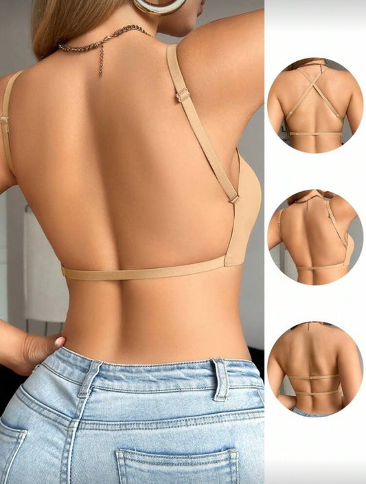 Soutien-Gorge Femme Dos Nu, Bretelles Fines, Col V, Couleur Unie Minimaliste