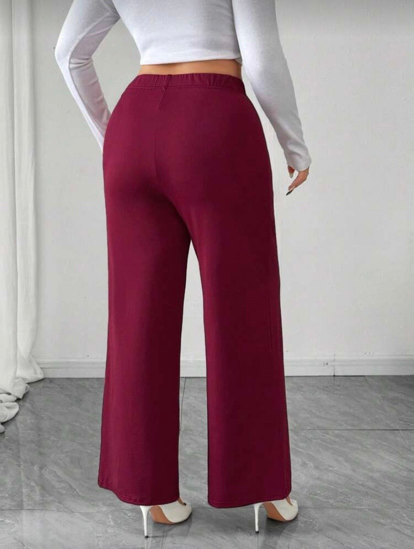 Legging Long Grande Taille en Maille, Rouge Bordeaux et Or, Boutons Décoratifs, Style Élégant