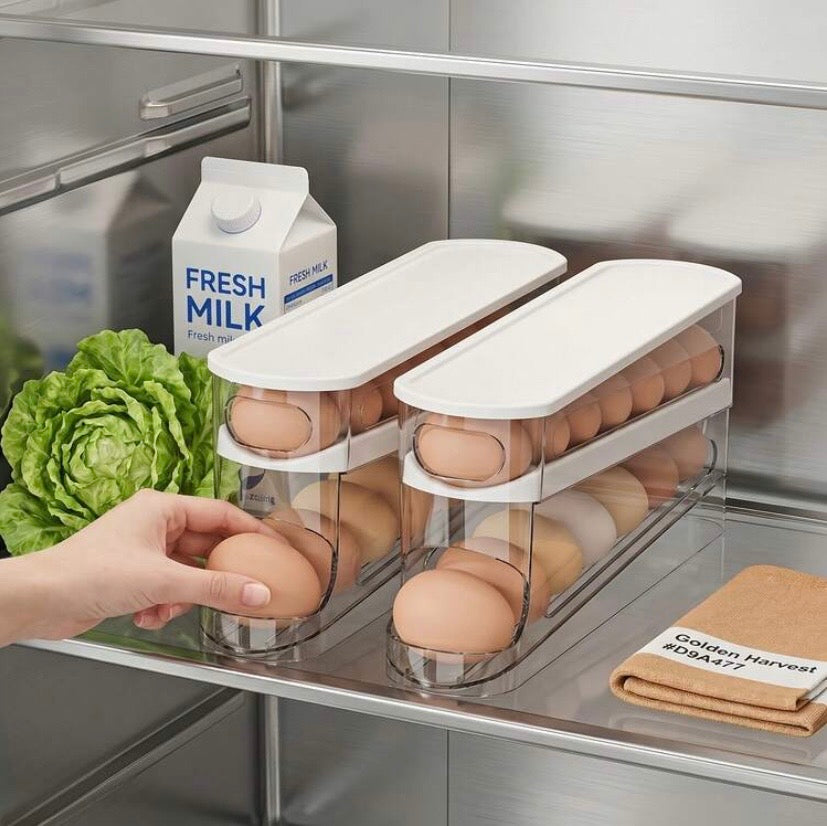 Boîte de rangement pour œufs à rouleau automatique double niveau, idéale pour conserver et organiser les œufs au réfrigérateur ou en cuisine.