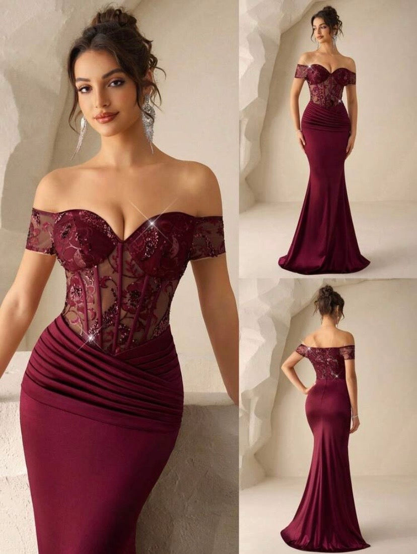 Robe de soirée sirène élégante à épaules dénudées avec finitions satinées transparentes et broderies à sequins, idéale pour galas, mariages, cérémonies et événements formels